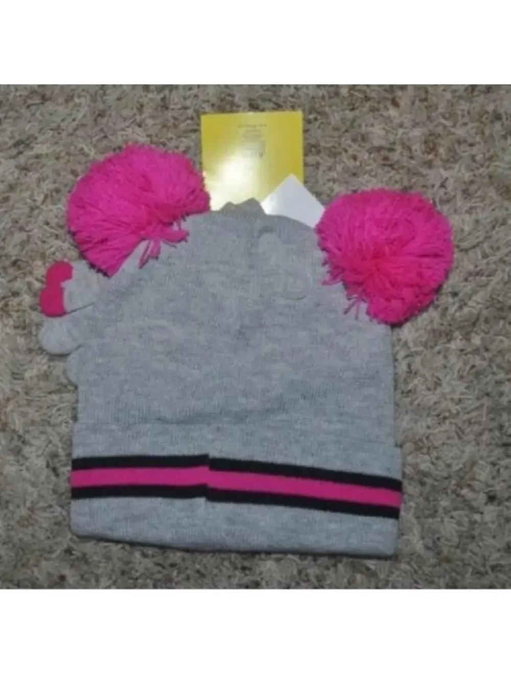 Girls Disney Minnie Mouse Winter Hat & Gloves Gray Pink Texting Fingers 2 Pc Set